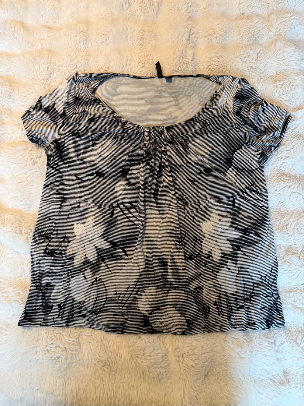Relativity 2X Black White Floral Striped Top Ruched Neck Stretch Plus Size